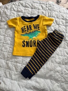🐥3 for $15🐥 Carter's Yellow Dino 'Hear Me Snore' Pajama Set with Navy Stripes